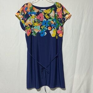 Isaac Mizrahi Live Women Watercolor Print Blue Dolman Sleeve Dress Sz 16